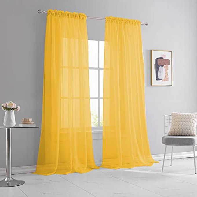 KEQIAOSUOCAI Gold Yellow Sheer Curtains 108 Inches Long Bedroom Extra Long Dark Yellow Sheer Voile Rod Pocket Drapes Panels for Living Room Kids Baby Room 2 Pieces Each is 52x108 - Image 1