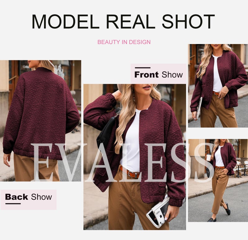 EVALESS Oversized Light Bomber Jackets for Women Trendy 2026 Spring Outfits for Women Dressy Casual Floral Quilted Jackets Long Sleeve Stand Collar Zip Up Fall Coat Teachers Clothes Red Topsï¼ŒXX-Large - Image 5