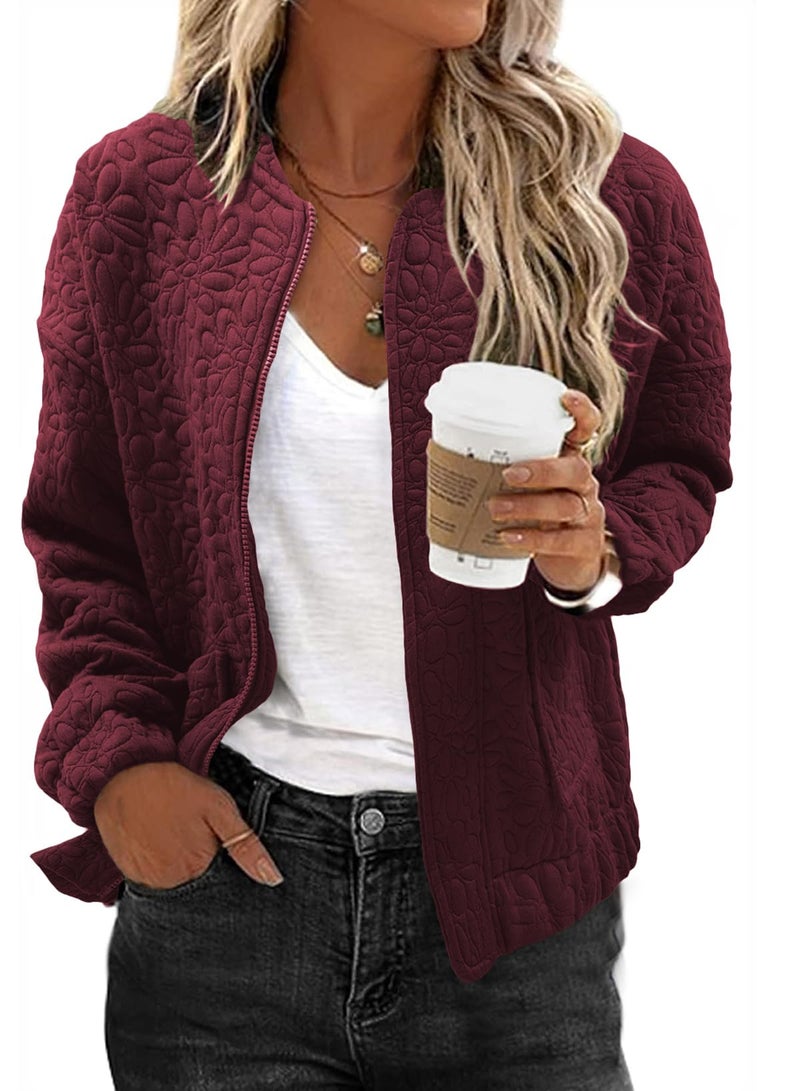 EVALESS Oversized Light Bomber Jackets for Women Trendy 2026 Spring Outfits for Women Dressy Casual Floral Quilted Jackets Long Sleeve Stand Collar Zip Up Fall Coat Teachers Clothes Red Topsï¼ŒXX-Large - Image 1