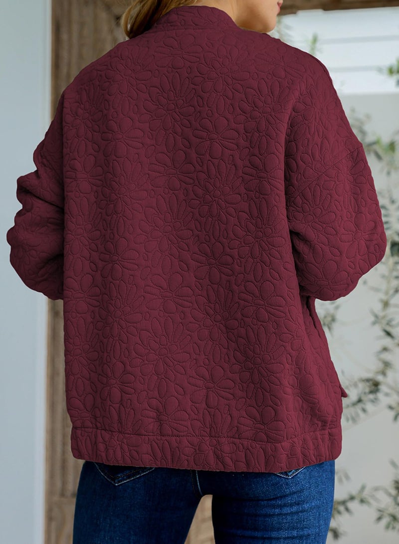 EVALESS Oversized Light Bomber Jackets for Women Trendy 2026 Spring Outfits for Women Dressy Casual Floral Quilted Jackets Long Sleeve Stand Collar Zip Up Fall Coat Teachers Clothes Red Topsï¼ŒXX-Large - Image 4