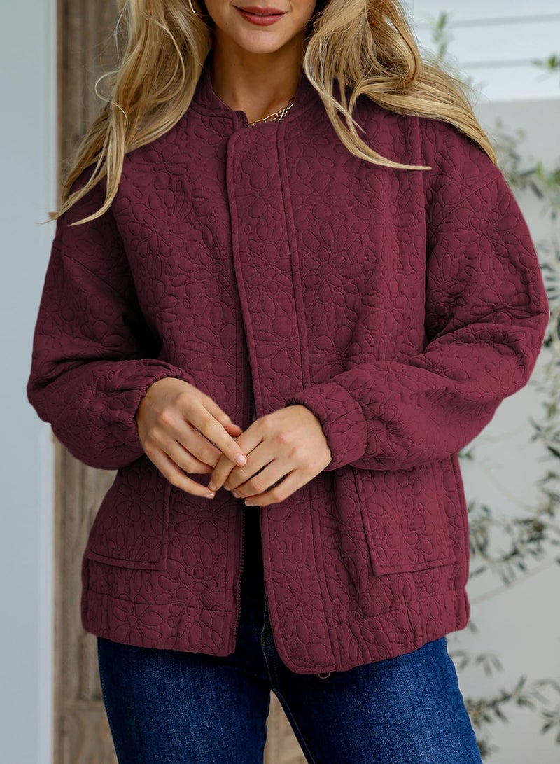 EVALESS Oversized Light Bomber Jackets for Women Trendy 2026 Spring Outfits for Women Dressy Casual Floral Quilted Jackets Long Sleeve Stand Collar Zip Up Fall Coat Teachers Clothes Red Topsï¼ŒXX-Large - Image 3