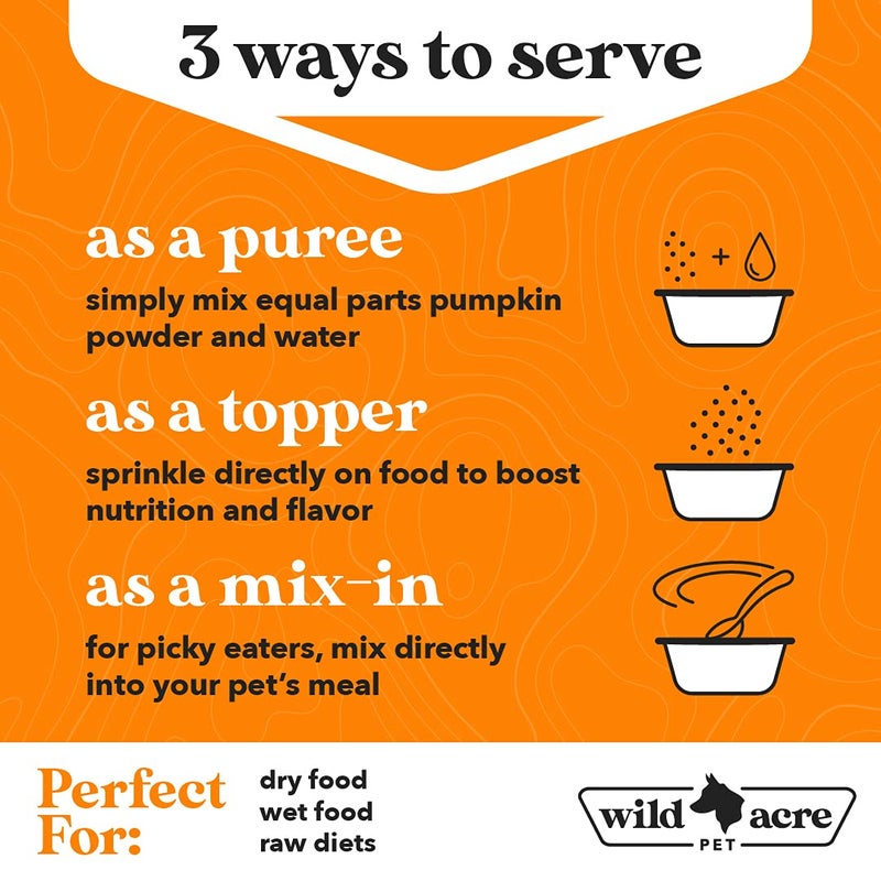 Wild Acre Pumpkin Powder for Dogs - No More Diarrhea or Scoots! - Digestive Puree Treat or Food Topper - Fiber Supplement for Dogs and Cats with Prebiotics, 8.1oz - Image 3
