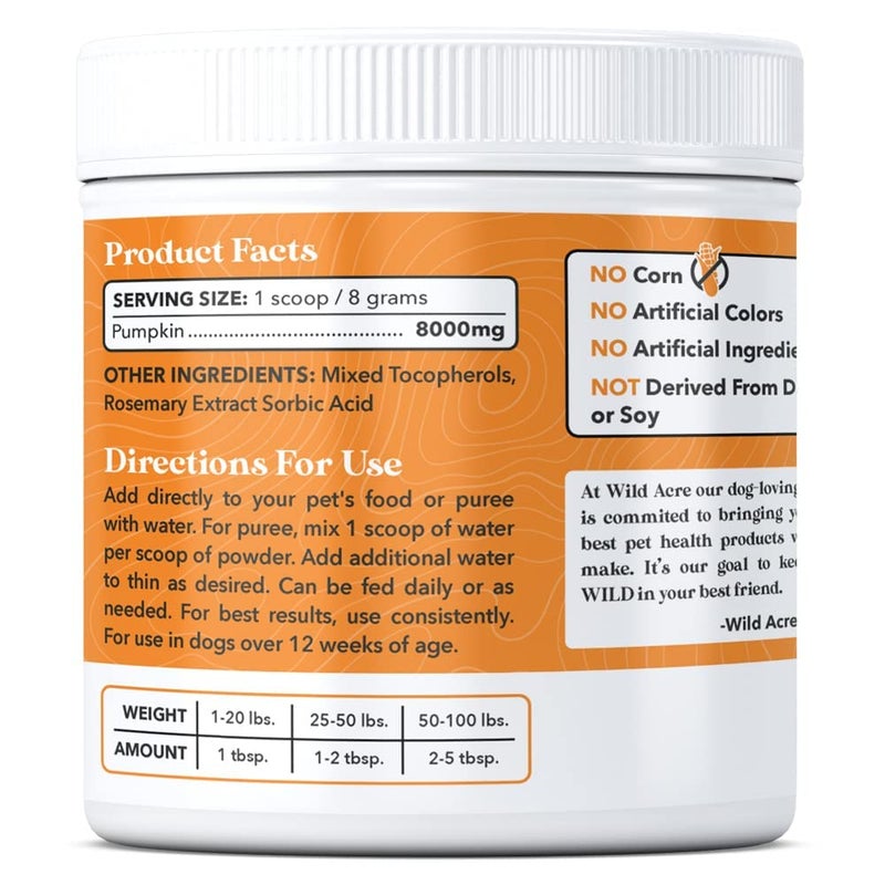 Wild Acre Pumpkin Powder for Dogs - No More Diarrhea or Scoots! - Digestive Puree Treat or Food Topper - Fiber Supplement for Dogs and Cats with Prebiotics, 8.1oz - Image 2