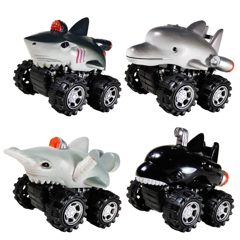 DINOBROS Shark Toys Pull Back Cars for Boys and Toddlers 4 Pack Ocean Sea Animal Truck Toy Dolphin Hammerhead Shark Killer Whale Playset Gift for 3 Years Old and Up - Image 3