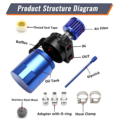 YESHMA Universal Oil Catch Can Breather Tank Baffled Filter With 3/8" Fuel Line,Aluminum,300ml(Black+Blue) - Image 4