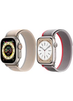 (Pack of 2)YOMNA Trail Loop Compatible with Apple Watch Band 49/45/44/42mm, Nylon Weave Sport Loop Men Women Adjustable Pull Tab Strap for Apple Watch Ultra iWatch All Series-(Red/Beige)