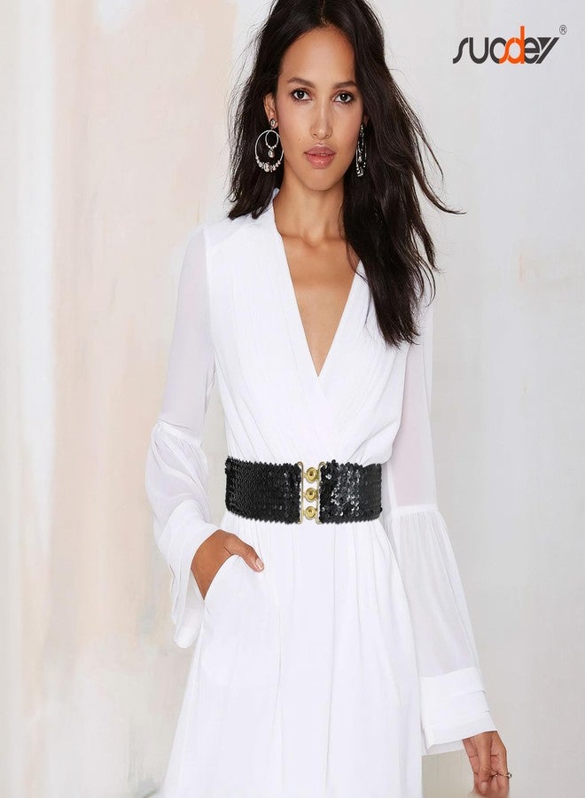 سوزدي حزام عريض مطاطي مزين بالترتر من SUOSDEY للنساء، حزام لامع مزين بالترتر مناسب لحفلات الديسكو المستوحاة من موضة السبعينيات والثمانينيات، أسود - Image 3