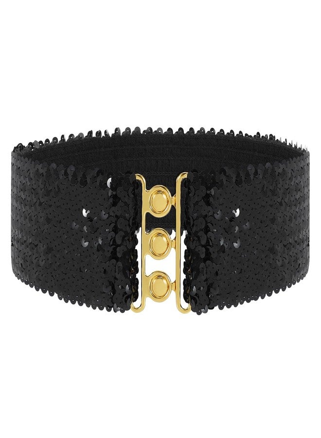 سوزدي حزام عريض مطاطي مزين بالترتر من SUOSDEY للنساء، حزام لامع مزين بالترتر مناسب لحفلات الديسكو المستوحاة من موضة السبعينيات والثمانينيات، أسود - Image 1