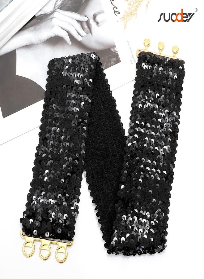 سوزدي حزام عريض مطاطي مزين بالترتر من SUOSDEY للنساء، حزام لامع مزين بالترتر مناسب لحفلات الديسكو المستوحاة من موضة السبعينيات والثمانينيات، أسود - Image 2