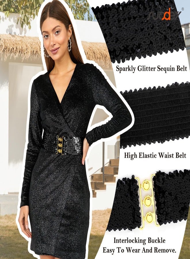 سوزدي حزام عريض مطاطي مزين بالترتر من SUOSDEY للنساء، حزام لامع مزين بالترتر مناسب لحفلات الديسكو المستوحاة من موضة السبعينيات والثمانينيات، أسود - Image 4