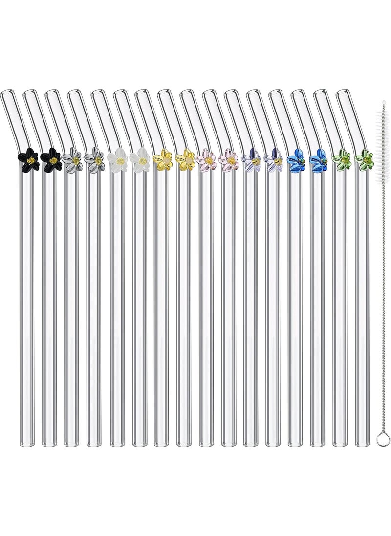 Nuenen 16 Pieces Reusable Glass Straw with Flower Cute Colorful Glass Straws with Design 787 x 031 Shatter Resistant Bend Straws and Cleaning Brush for Cocktail Hot or Cold Drinks  - Image 1