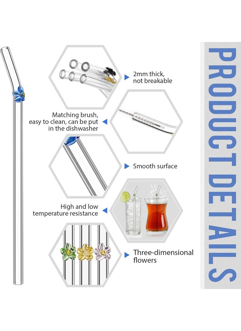 Nuenen 16 Pieces Reusable Glass Straw with Flower Cute Colorful Glass Straws with Design 787 x 031 Shatter Resistant Bend Straws and Cleaning Brush for Cocktail Hot or Cold Drinks  - Image 2