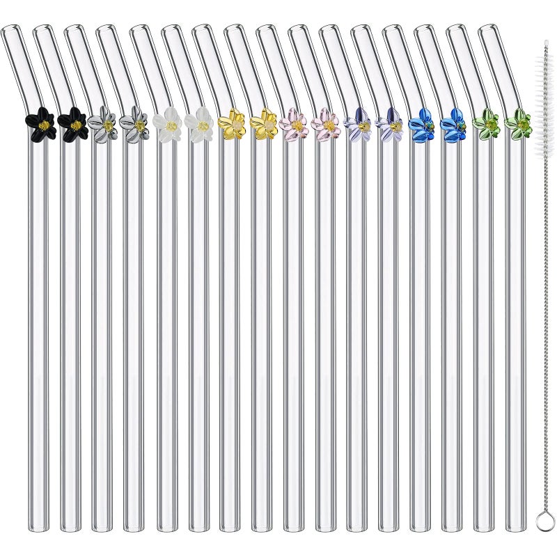 Nuenen 16 Pieces Reusable Glass Straw with Flower Cute Colorful Glass Straws with Design 787 x 031 Shatter Resistant Bend Straws and Cleaning Brush for Cocktail Hot or Cold Drinks - Image 1