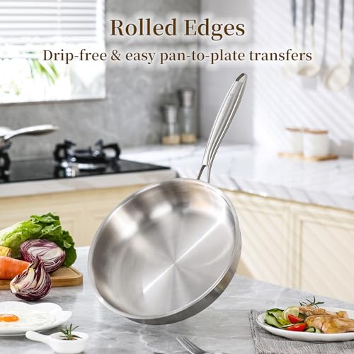 DELARLO Tri-Ply Stainless Steel Frying Pan, All Cooktops Compatible Up to 650℉, Oven Safe Induction Skillet, 12.5 inch Non toxic Cooking Surface, Fast & Even Heat, Durable Cookware - Image 4