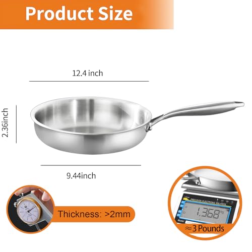 DELARLO Tri-Ply Stainless Steel Frying Pan, All Cooktops Compatible Up to 650℉, Oven Safe Induction Skillet, 12.5 inch Non toxic Cooking Surface, Fast & Even Heat, Durable Cookware - Image 3