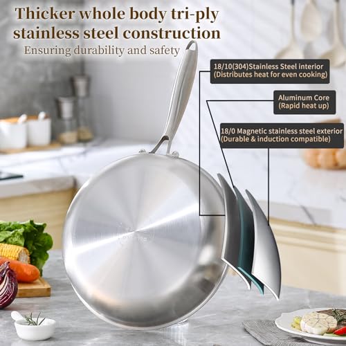 DELARLO Tri-Ply Stainless Steel Frying Pan, All Cooktops Compatible Up to 650℉, Oven Safe Induction Skillet, 12.5 inch Non toxic Cooking Surface, Fast & Even Heat, Durable Cookware - Image 2