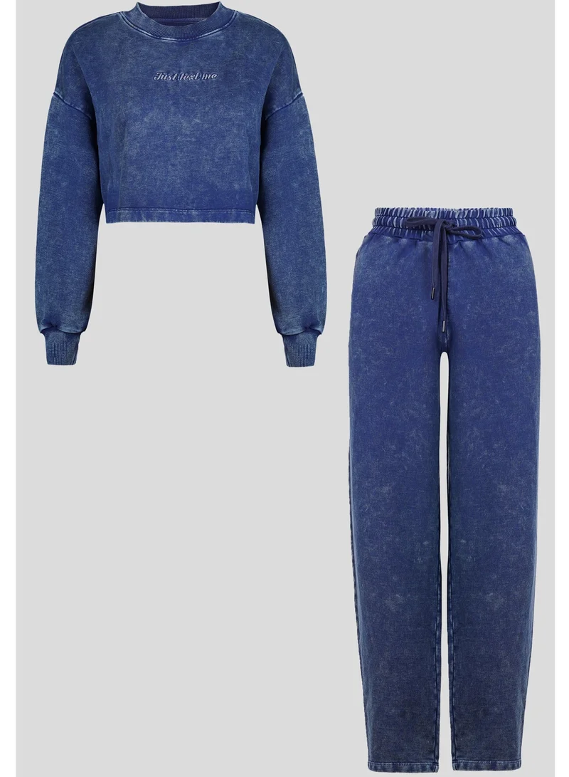 NeceSera Just Text Me Denim Wash Cropped Sweatshirt