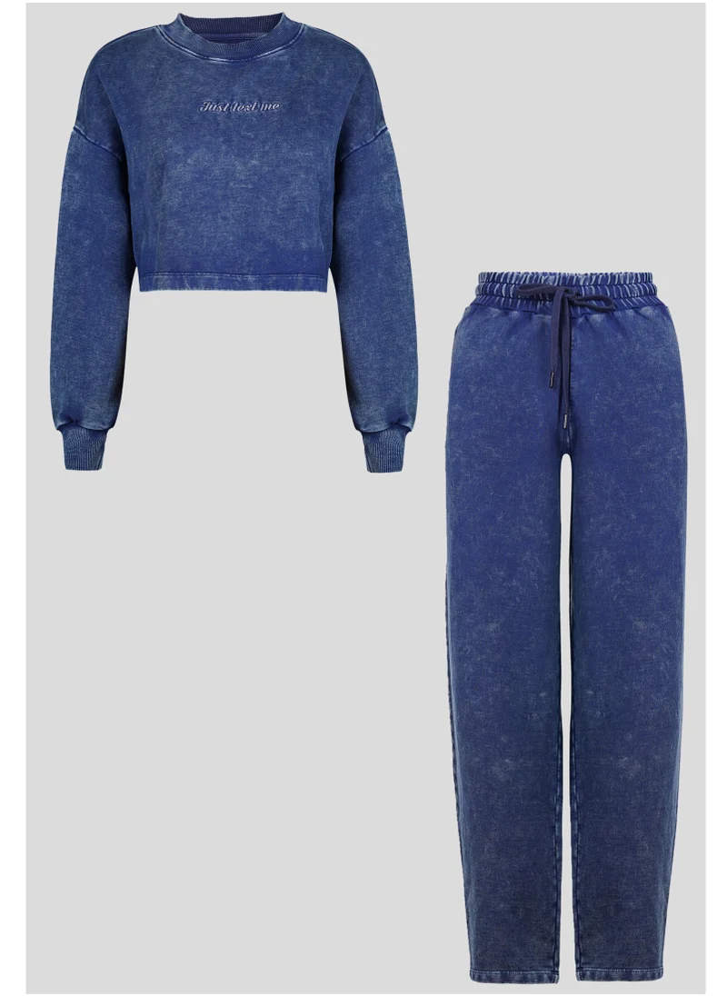 NeceSera Just Text Me Denim Wash Cropped Sweatshirt