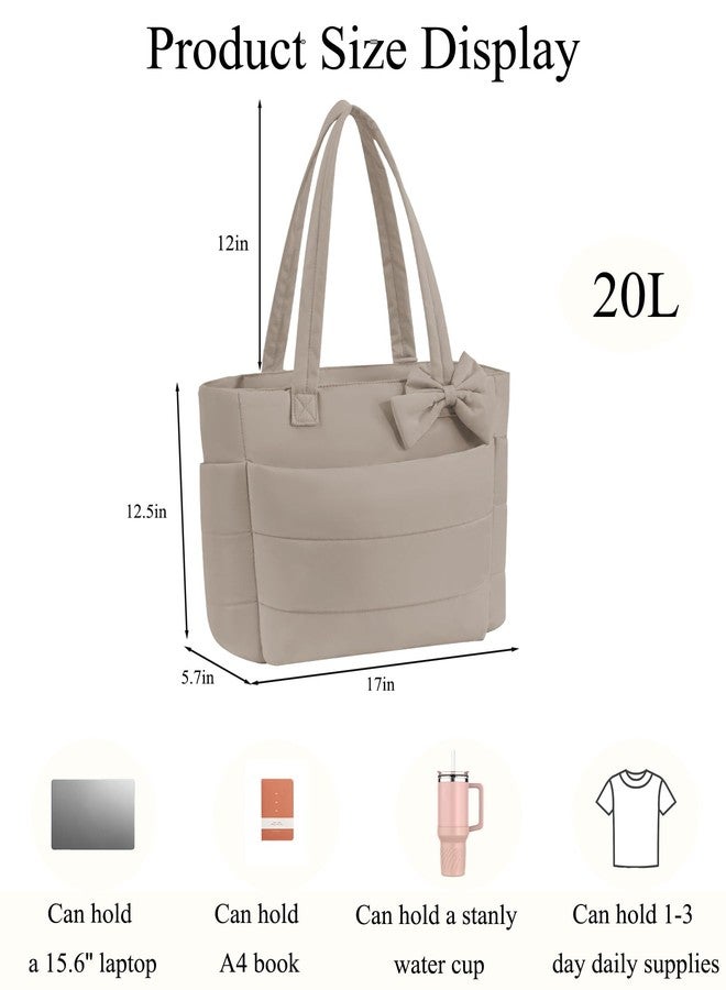 CTWWFS Puffer Tote Bag for Women, Quilted Bow Tote Bag with Cup Holder & 15.6 In Laptop Compartment for Work, Travel, Gym, College, Light Brown, Medium, Fashion - Image 3