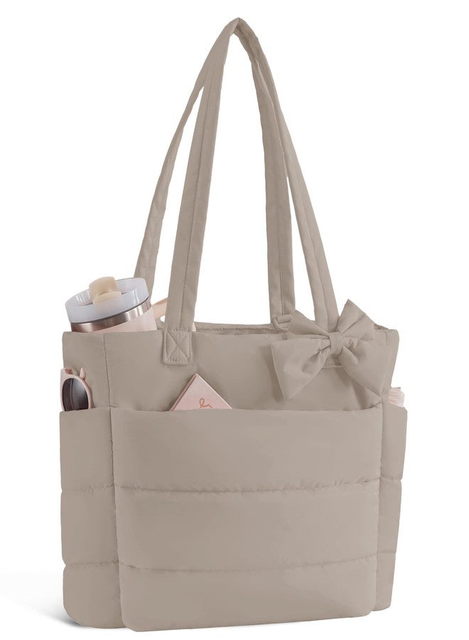 CTWWFS Puffer Tote Bag for Women, Quilted Bow Tote Bag with Cup Holder & 15.6 In Laptop Compartment for Work, Travel, Gym, College, Light Brown, Medium, Fashion - Image 1