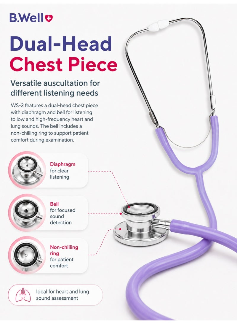 B.Well WS-2 Lilac Professional Dual-Head Stethoscope with Soft Ear Tips & Storage Bag - Image 4