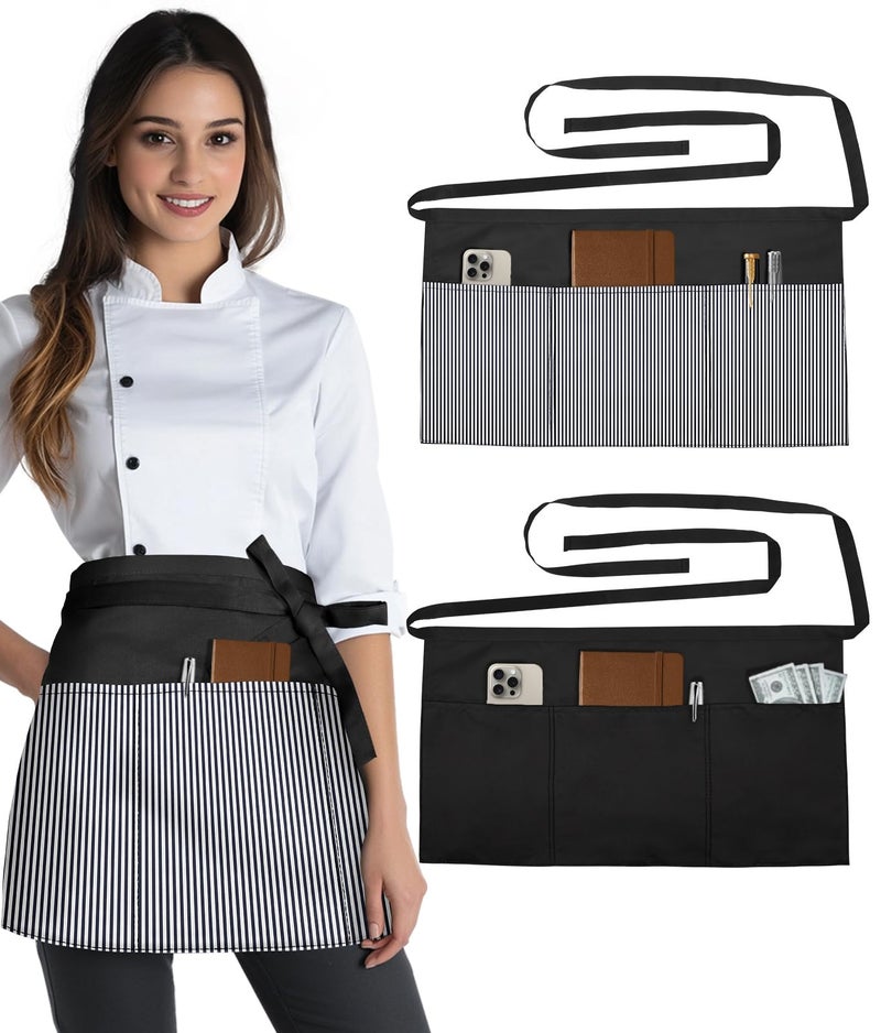 Slohif Reversible Server Apron 6 Pockets - Waist Apron for Waitress Women Half Serving Short Apron for Waiter Bistro Bar Restaurant Kitchen Accessories Striped White - Image 1