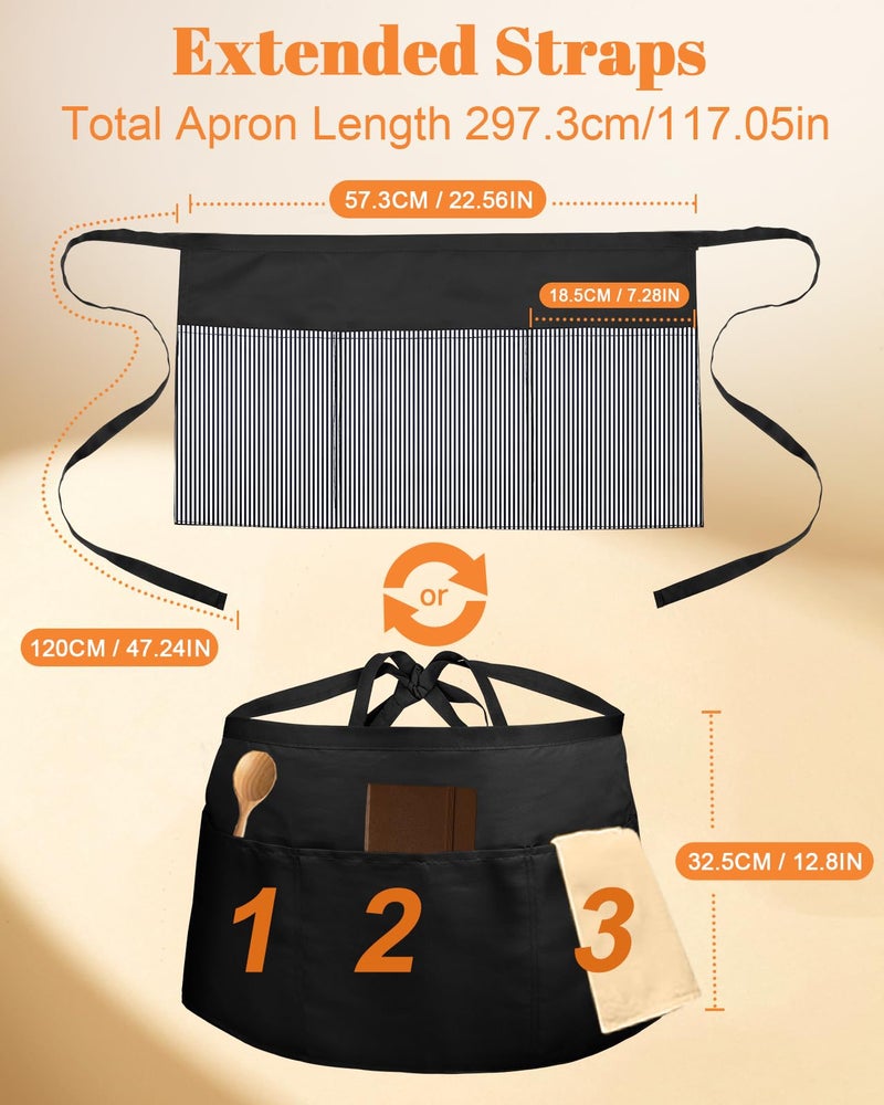 Slohif Reversible Server Apron 6 Pockets - Waist Apron for Waitress Women Half Serving Short Apron for Waiter Bistro Bar Restaurant Kitchen Accessories Striped White - Image 2