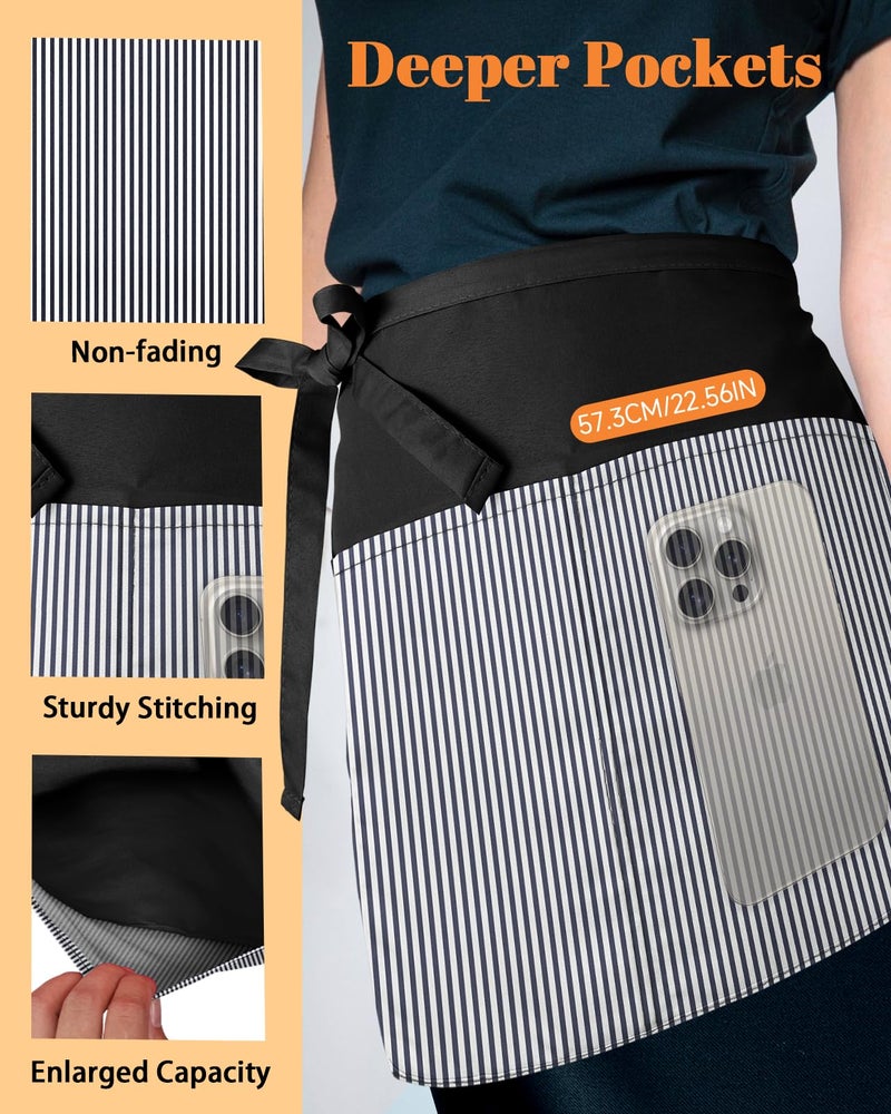 Slohif Reversible Server Apron 6 Pockets - Waist Apron for Waitress Women Half Serving Short Apron for Waiter Bistro Bar Restaurant Kitchen Accessories Striped White - Image 5