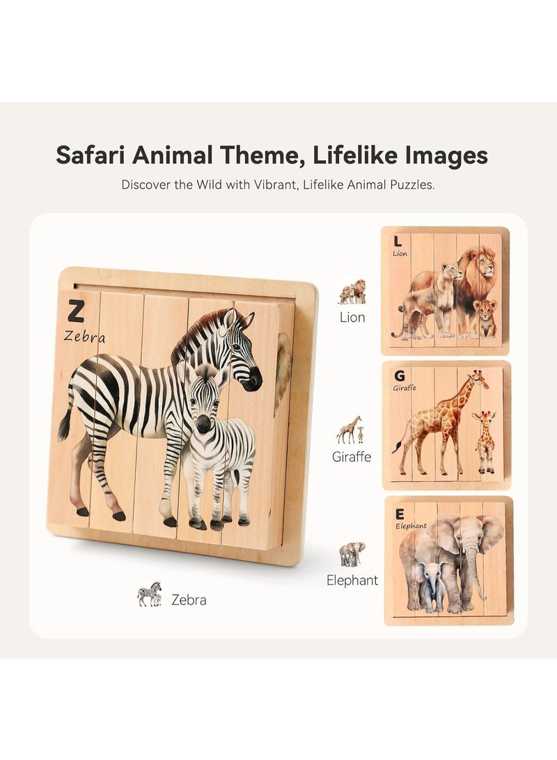 لغز خشبي مونتيسوري للأطفال - مكعبات حيوانات سميكة 4 في 1 مع لوح، 5 ألعاب خشبية صلبة لتنمية المهارات الحركية الدقيقة، هدية للأطفال من عمر 3 سنوات فأكثر - Image 3