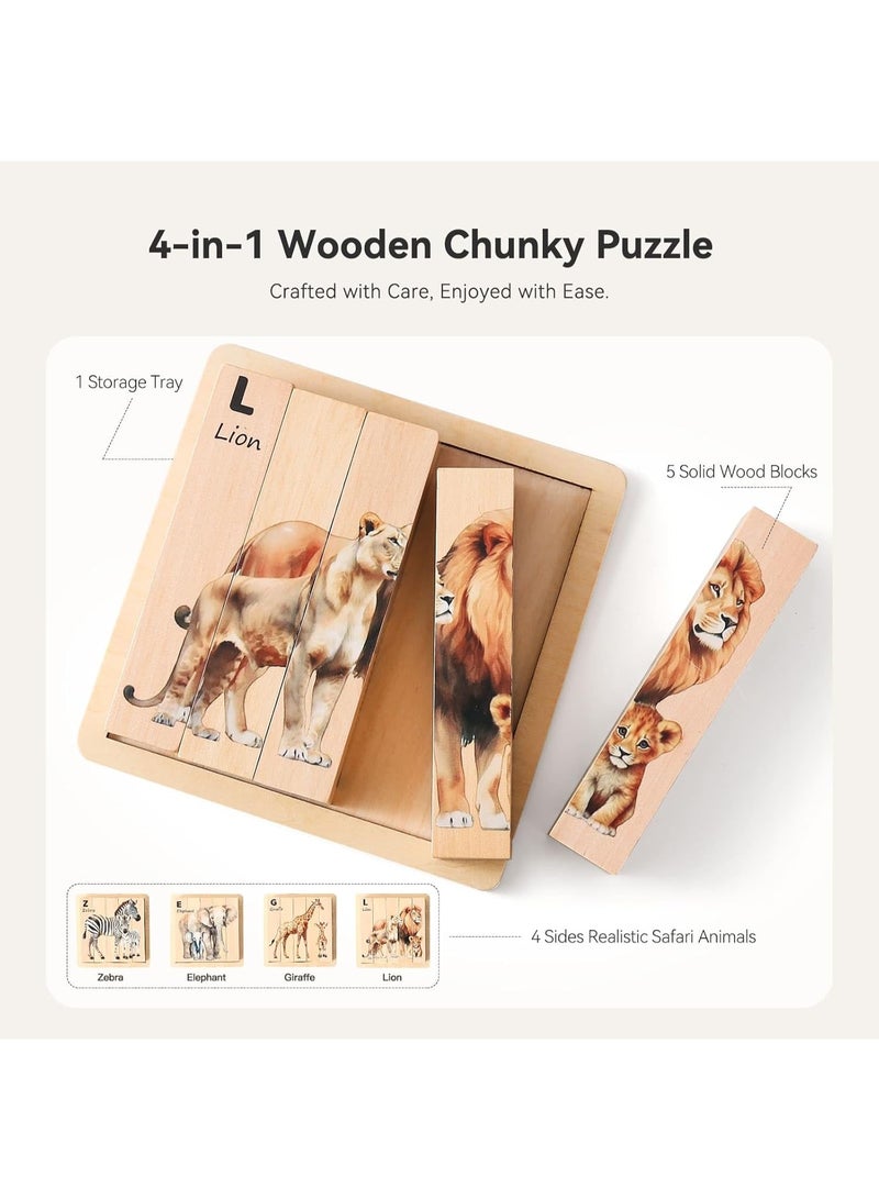 لغز خشبي مونتيسوري للأطفال - مكعبات حيوانات سميكة 4 في 1 مع لوح، 5 ألعاب خشبية صلبة لتنمية المهارات الحركية الدقيقة، هدية للأطفال من عمر 3 سنوات فأكثر - Image 4