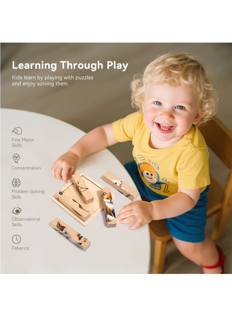 لغز خشبي مونتيسوري للأطفال - مكعبات حيوانات سميكة 4 في 1 مع لوح، 5 ألعاب خشبية صلبة لتنمية المهارات الحركية الدقيقة، هدية للأطفال من عمر 3 سنوات فأكثر - Image 2