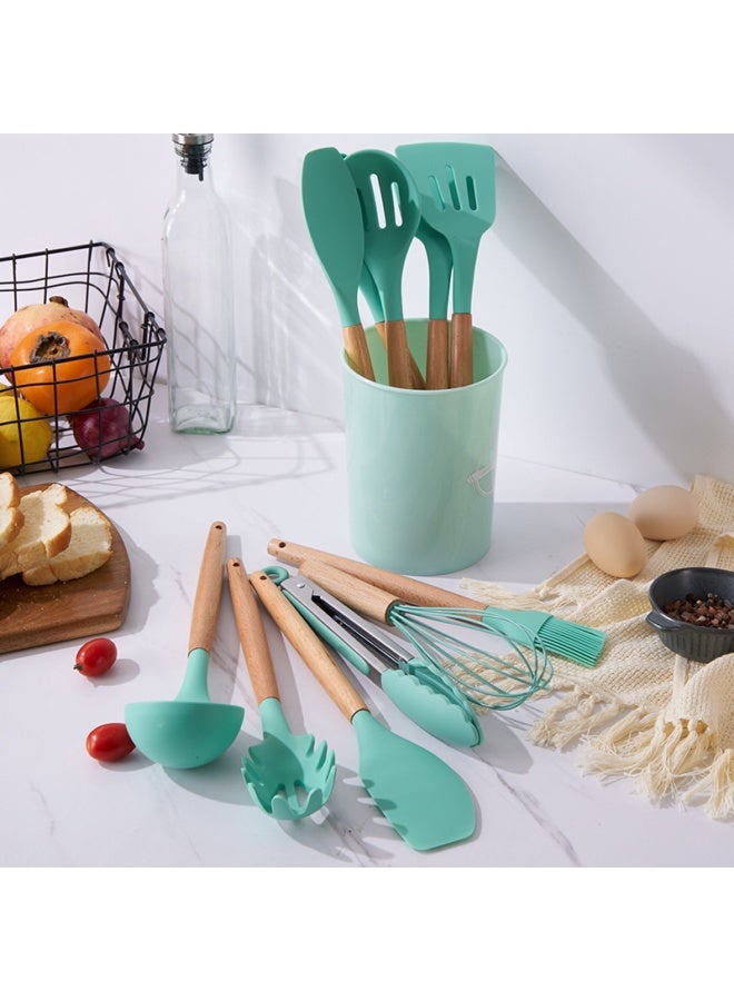 NeeMee Non-stick Cookware Storage Bucket with Wooden Handles, 12-Piece Silicone Kitchen Utensil Set, Silicone Cooking Utensil Spatula and Spoon Set - Image 2