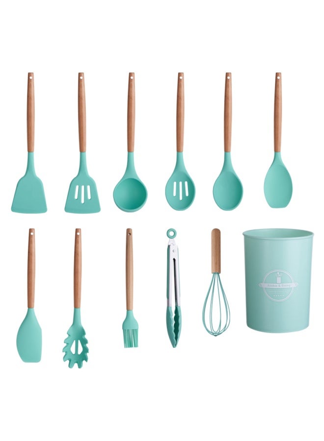NeeMee Non-stick Cookware Storage Bucket with Wooden Handles, 12-Piece Silicone Kitchen Utensil Set, Silicone Cooking Utensil Spatula and Spoon Set - Image 4
