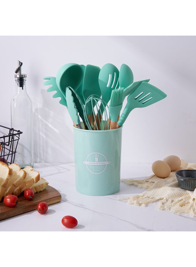 NeeMee Non-stick Cookware Storage Bucket with Wooden Handles, 12-Piece Silicone Kitchen Utensil Set, Silicone Cooking Utensil Spatula and Spoon Set - Image 1
