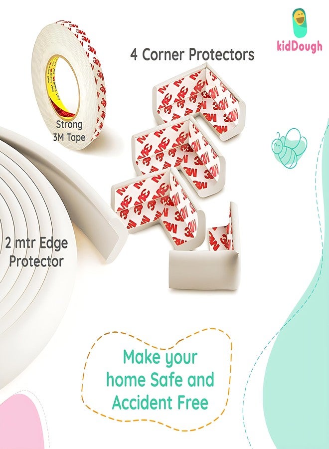 KidDough Baby Proofing Safety Strip, Furniture Edge and Corner Guard - 2 Meters White Edge Protector + 4 Corner Guards, Corner Protector for Sharp Edges, Baby Safety Products - Image 5