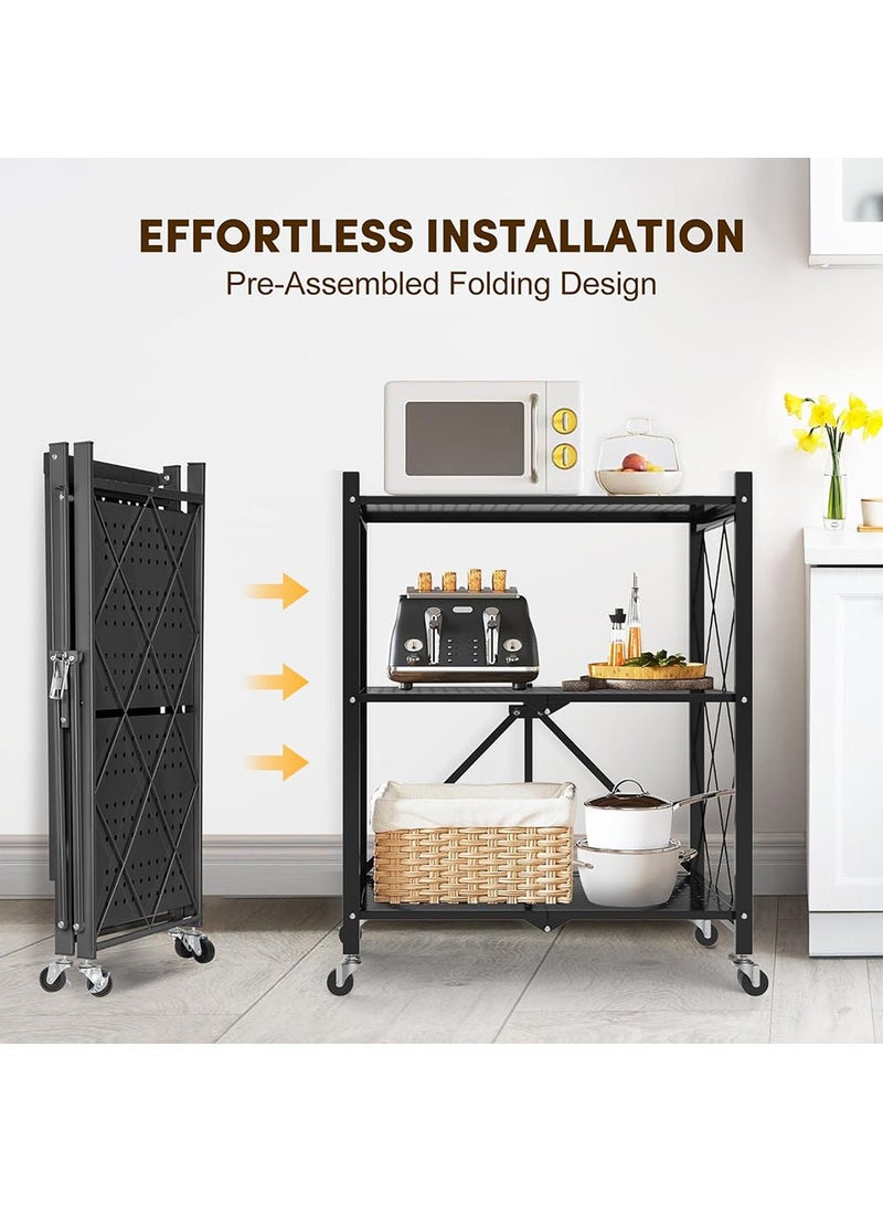 YOUGE Kitchen Bakers Rack,Stable Folding Shelf,Foldable Grill Cart,Microwave Stand with Wheels, Storage Rack for Kitchen, Office, Living Room, Bathroom,Bookroom Use Black 3 Tier - Image 2