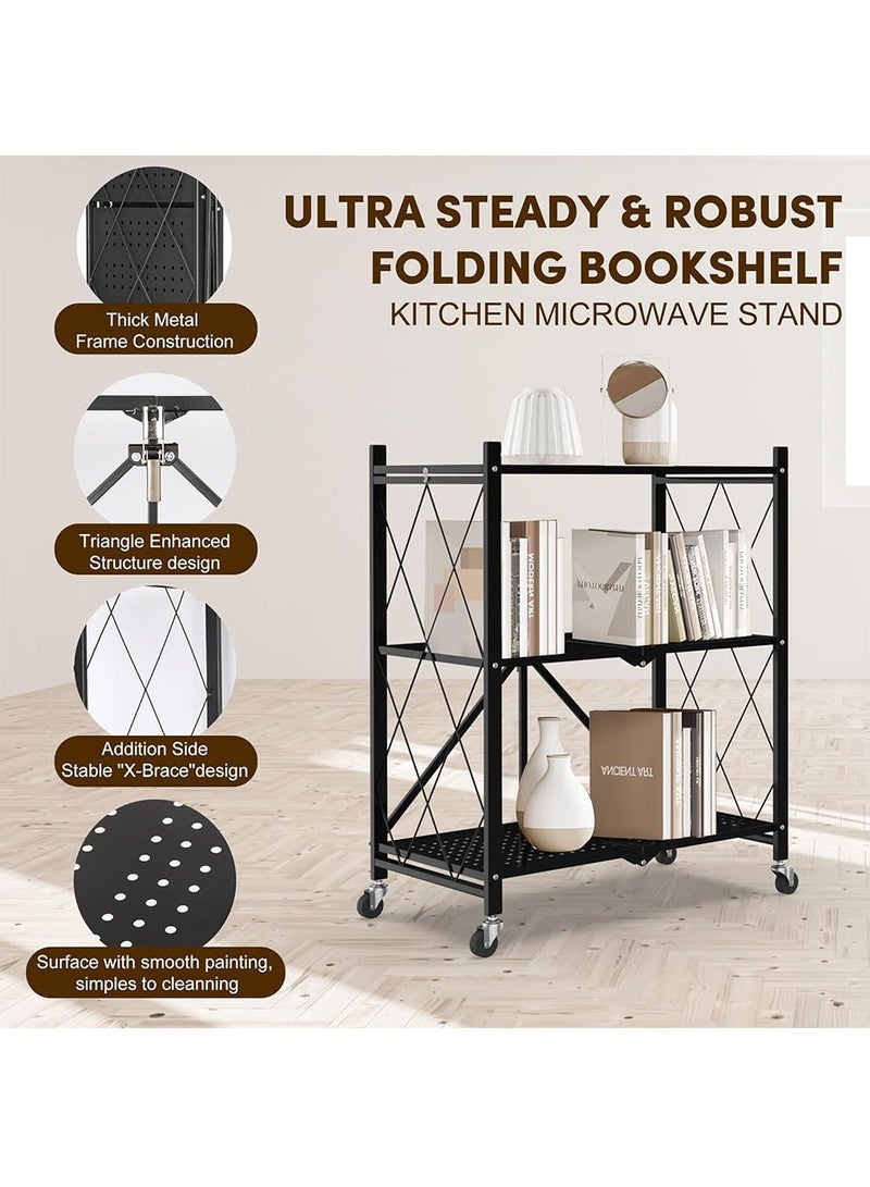 YOUGE Kitchen Bakers Rack,Stable Folding Shelf,Foldable Grill Cart,Microwave Stand with Wheels, Storage Rack for Kitchen, Office, Living Room, Bathroom,Bookroom Use Black 3 Tier - Image 3