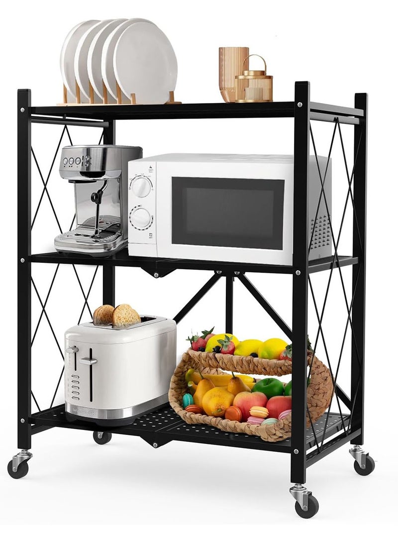 YOUGE Kitchen Bakers Rack,Stable Folding Shelf,Foldable Grill Cart,Microwave Stand with Wheels, Storage Rack for Kitchen, Office, Living Room, Bathroom,Bookroom Use Black 3 Tier - Image 1