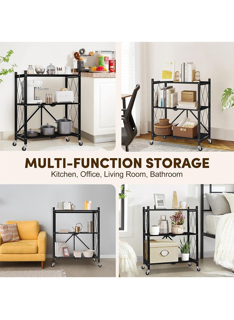 YOUGE Kitchen Bakers Rack,Stable Folding Shelf,Foldable Grill Cart,Microwave Stand with Wheels, Storage Rack for Kitchen, Office, Living Room, Bathroom,Bookroom Use Black 3 Tier - Image 4