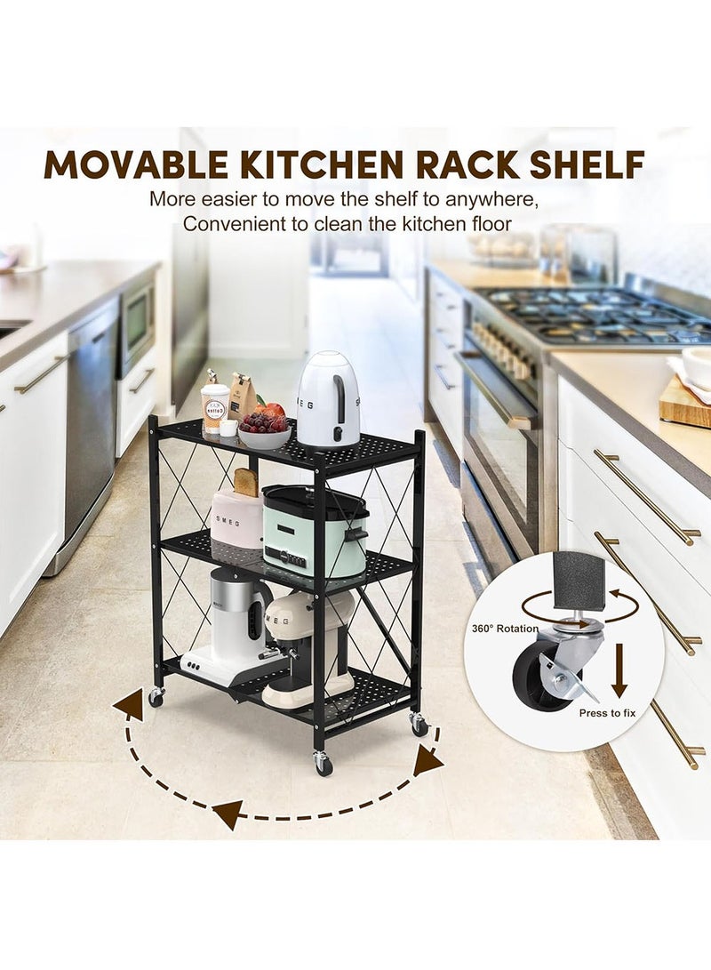 YOUGE Kitchen Bakers Rack,Stable Folding Shelf,Foldable Grill Cart,Microwave Stand with Wheels, Storage Rack for Kitchen, Office, Living Room, Bathroom,Bookroom Use Black 3 Tier - Image 5