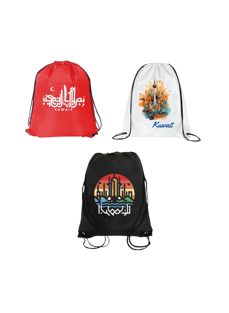 PRINTSHOP4ME Pack Of 3 Drawstring Bags With Kuwait Design For Kids And Adults-Durable Sports Backpack,Great For School And Everyday Use,Lightweight With National Day For Outdoor - Image 1