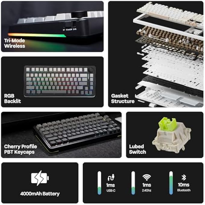 rayihni EA75 75% RGB GAMING MECHANICAL KEYBOARD, 2.4GHZ/TYPE-C/BT CREAMY WIRELESS KEYBOARD WITH KNOB, SHINE THROUGH PBT KEYCAPS, HOT SWAPPABLE FOR GAMERS(BLACK GRADIENT, REAPER SWITCH) - Image 2