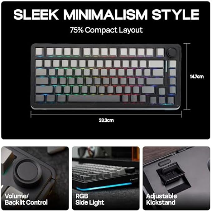 rayihni EA75 75% RGB GAMING MECHANICAL KEYBOARD, 2.4GHZ/TYPE-C/BT CREAMY WIRELESS KEYBOARD WITH KNOB, SHINE THROUGH PBT KEYCAPS, HOT SWAPPABLE FOR GAMERS(BLACK GRADIENT, REAPER SWITCH) - Image 3