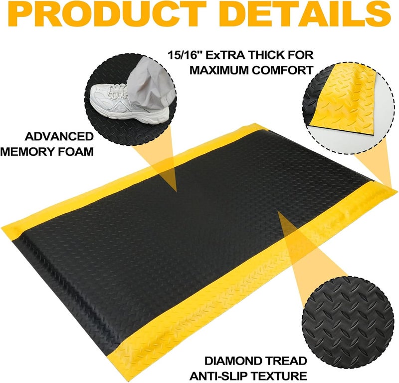 Maeklon 3 FT x 5 FT Anti Fatigue Mat, 15/16 Inch Thick Soft Sponge Ergonomic Mat, Non-Slip Industrial Grade Floor Mat, Easy to Clean, for Kitchen, Garage, Work, Shop, Black with Yellow Border - Image 3