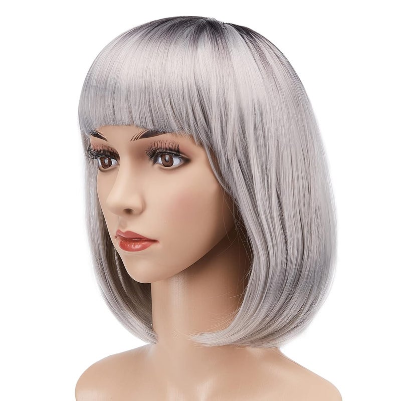 AGPTEK 13 Inches Straight Heat Resistant Short Bob Hair Wigs with Flat Bangs for Women Cosplay Daily Party  Grey
