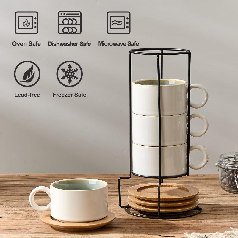 LUKA 6 Ounce Porcelain Stackable Espresso Cups with Saucers and Metal Stand Set of 4, Ceramic Cappuccino Cups Set for Specialty Coffee Drinks, Latte, Cafe Mocha and Tea, White Green Interior - Image 5