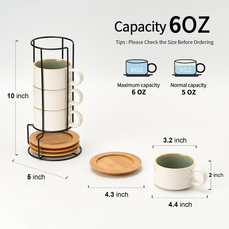 LUKA 6 Ounce Porcelain Stackable Espresso Cups with Saucers and Metal Stand Set of 4, Ceramic Cappuccino Cups Set for Specialty Coffee Drinks, Latte, Cafe Mocha and Tea, White Green Interior - Image 3