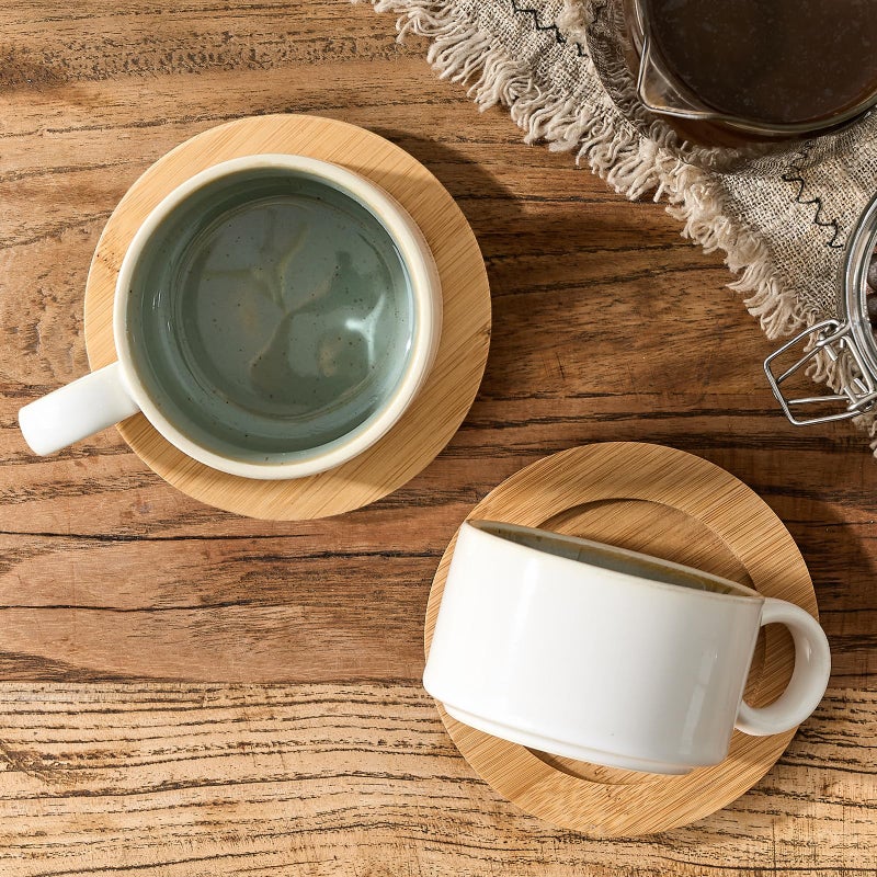 LUKA 6 Ounce Porcelain Stackable Espresso Cups with Saucers and Metal Stand Set of 4, Ceramic Cappuccino Cups Set for Specialty Coffee Drinks, Latte, Cafe Mocha and Tea, White Green Interior - Image 2