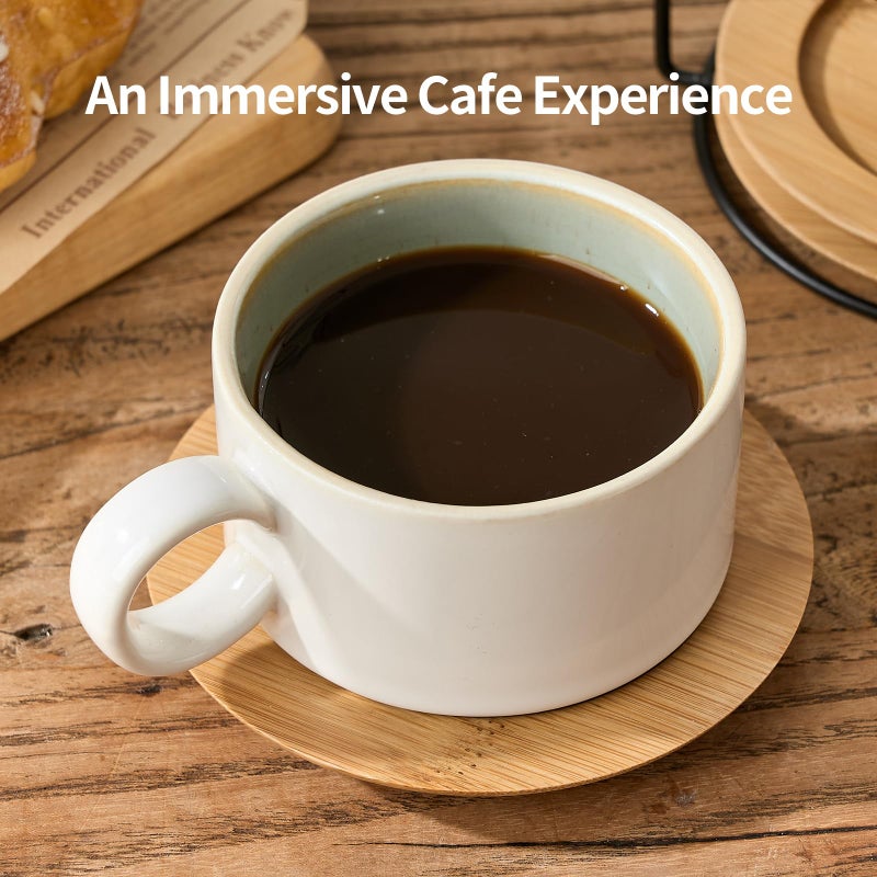 LUKA 6 Ounce Porcelain Stackable Espresso Cups with Saucers and Metal Stand Set of 4, Ceramic Cappuccino Cups Set for Specialty Coffee Drinks, Latte, Cafe Mocha and Tea, White Green Interior - Image 4