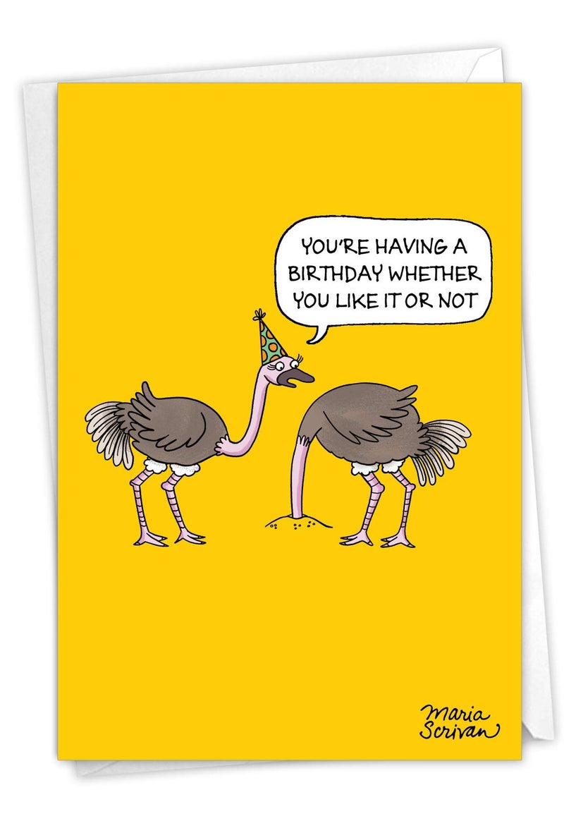 NobleWorks - 1 Happy Birthday Cartoon Greeting Card - Funny Notecard with Envelope, Comic Stationery - Ostrich Party C6966BDG - Image 1